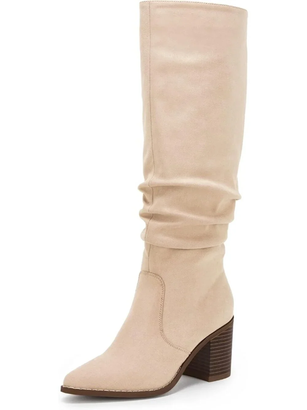 Women's Light Beige Pointed Toe Mid Chunky Heel Side Zipper Over The Knee Boots